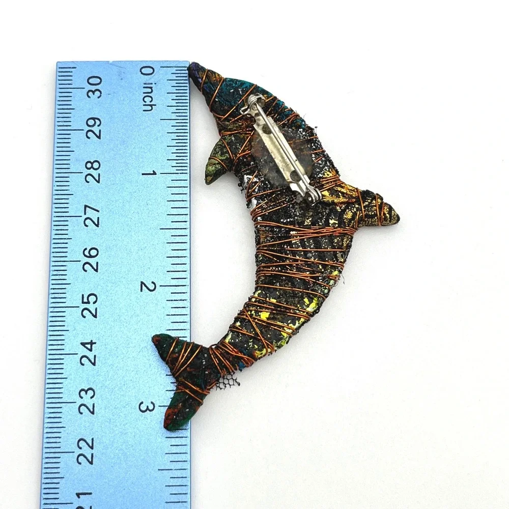 Unique Bent Nicks Handmade Dolphin Brooch Pin Colorful Fabric & Wire Art Jewelry